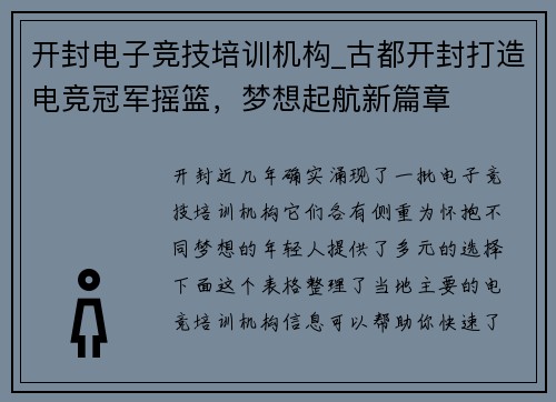 开封电子竞技培训机构_古都开封打造电竞冠军摇篮，梦想起航新篇章